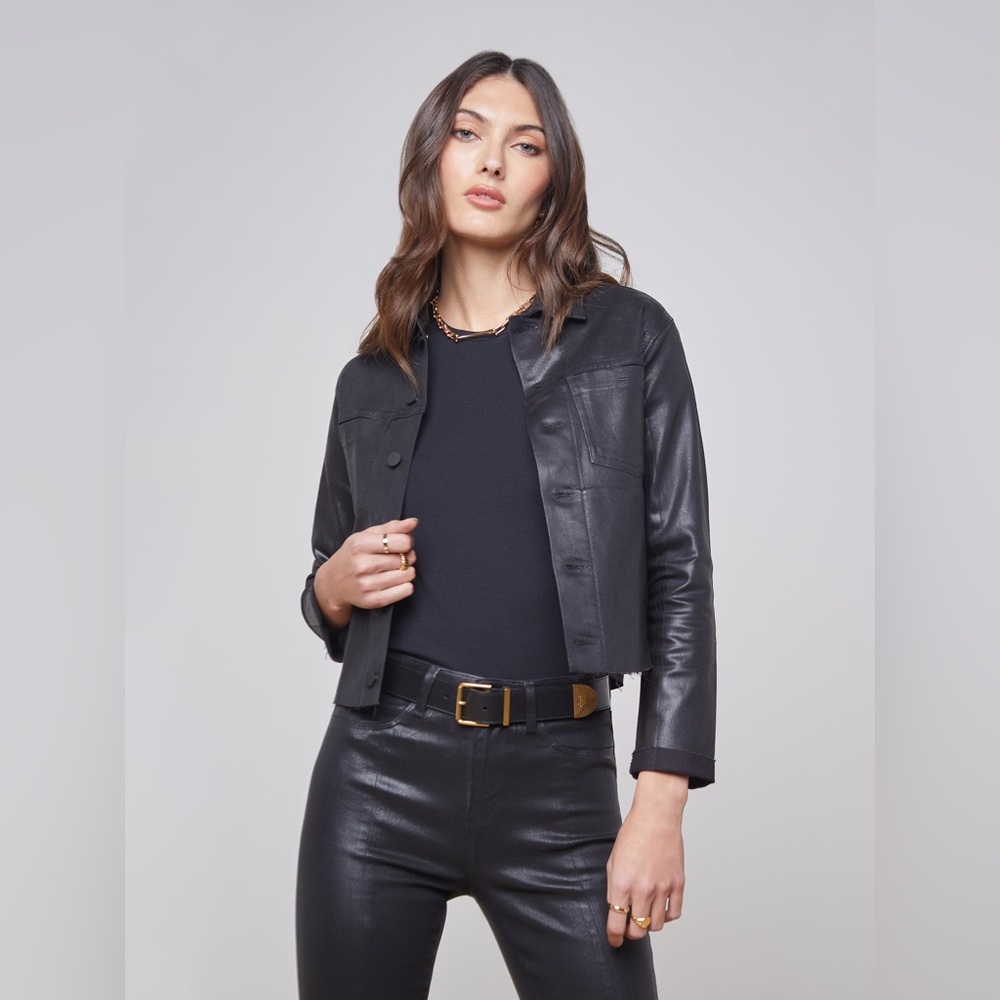 L'AGENCE Janelle Slim Raw Coated Denim Jacket in Saturated Black Silver Glitter
